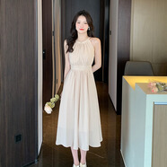 燕潯法式無袖掛脖式連衣裙女2025新款夏裝高腰顯瘦小個(gè)子A字中長(zhǎng)裙子 杏色 M (建議95-110斤)