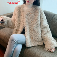 YUEXUNZI冬季新款女裝仿羊羔絨短外套氣質(zhì)潮加厚雙排扣毛絨夾克大衣服保暖 杏色 M