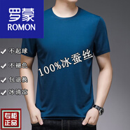 羅蒙（ROMON）仿桑蠶絲男士短袖T恤夏季薄款冰絲純色絲光棉圓領(lǐng)半袖體恤上衣 深蘭(純色) XL 175建議135-155斤