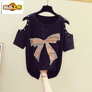 初徑2025夏新款韓版手工釘珠蝴蝶結亮片露肩圓領(lǐng)短袖T恤女純棉體恤女 黑色 2XL