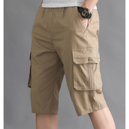 斐升 中老年男七分褲父親薄款休閑短褲松緊寬松中褲爸爸沙灘7分褲 七分褲 一條(卡其色) L 體重90-110斤