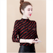 WMOKNN條紋T恤女春秋半高領網(wǎng)紗修身上衣洋氣顯瘦加絨加厚打底衫女秋冬 紅色（薄款） L （105-115斤）