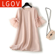 LGOV女裝旗艦店歐根紗小個子寬松連衣裙女夏季時尚顯瘦減齡大女碼茶歇短裙法式甜 粉色 S 體重80-105斤內(nèi)選擇