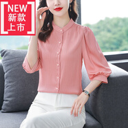 即美森田（BEAUTY BUFFET）【特價(jià)撿漏】高檔重磅緞面襯衫女中袖條紋襯衣夏新款七分袖洋氣桑 粉紅色 2XL 【建議126-135斤