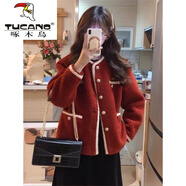 啄木鳥（TUCANO）法式復(fù)古小香風(fēng)外套女秋冬季大碼胖妹妹加厚寬松顯瘦短款開衫毛衣 紅色 M 【 100-110斤】