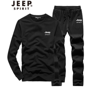 JEEP SPIRIT吉普衛(wèi)衣男套裝秋冬新款加絨加厚長袖休閑運動套裝男裝上衣打底衫 黑色套裝薄款（衛(wèi)衣+直筒褲） L