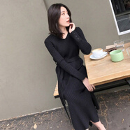 瑾衣媛長袖針織連衣裙秋冬中長款毛線裙新款裙子修身腰帶開叉打底V領i 黑色 M 95-105