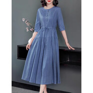 【撿漏特價(jià)】春夏女裝2022年新款連衣裙中長(cháng)款收腰長(cháng)裙高端棉麻苧麻亞麻裙子女 藍色 S建議100斤以?xún)?
                                         title=