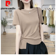 皮爾卡丹（pierre cardin）冰絲正肩短袖t恤女2025新款夏季寬松顯瘦下擺暗扣別致上衣針織衫 卡其色 3XL (建議145斤-160斤)