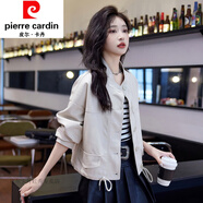 皮爾卡丹（pierre cardin）春秋冬裝新款圓領(lǐng)皮衣夾克外套女百搭顯瘦抽繩設(shè)計(jì)蝙蝠袖上衣女潮 米白色 S