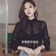 歌鵬半透明襯衫女微透夏季上衣夏裝OL雪紡?fù)敢暣貉b長袖網(wǎng)紗性感襯 黑色 m