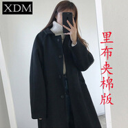 熊迪明毛呢大衣女學(xué)生寬松冬加厚長(zhǎng)款過(guò)膝呢子外套原宿風(fēng)女式上衣潮 黑色加棉 M