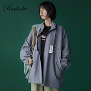 Radinka2024秋冬新款外套女韓版寬松學生原宿風bf工裝休閑百搭開衫 灰藍色 M 95-105斤