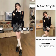 蓉月閣學(xué)院風(fēng)假兩件針織衫秋冬季格紋半身短裙包臀裙毛衣開衫上衣兩件套 假兩件上衣+半身裙(帶安全褲)兩 L