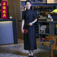 華族經(jīng)典中國(guó)風(fēng)旗袍改良時(shí)尚復(fù)古優(yōu)雅2019夏真絲香云紗連衣裙禮服 黑色 M