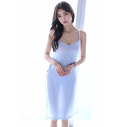 晶清袂吊帶長(cháng)裙性感冰絲透明連衣裙露肩深V透視女士薄款透視睡裙高開(kāi)叉夜店情趣內衣夜場(chǎng)制服誘惑套裝后媽裙 淺藍色（含丁字褲） 均碼（80-120斤/參考三圍）