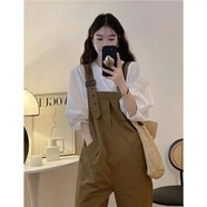 漫藍(lán)夢復(fù)古工裝背帶褲時(shí)尚套裝女春季2025新款寬松顯瘦卷邊直筒休閑長褲 白色內(nèi)搭+卡其色背帶褲 XL 建議【120-130斤】