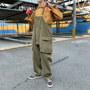 男款加肥背帶褲男胖子加大碼夏季寬松日系復(fù)古工裝男百搭吊帶褲ins直筒連體休閑褲 軍綠色 2XL
