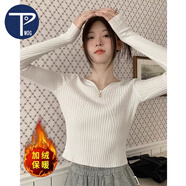 PMOG加絨保暖低領(lǐng)針織打底衫女秋冬洋氣內(nèi)搭修身短款v領(lǐng)白色加厚毛衣 白色[加絨] L[建議101-110斤]
