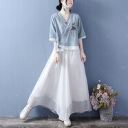 朦朧杏 民國風(fēng)女裝復古盤(pán)扣套裝中國風(fēng)民族風(fēng)中式漢服成人女刺繡v領(lǐng)棉麻 青藍（套裝） L 建議105-120斤