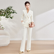 芭妃婭羊毛西裝套裝女神范秋冬高端職業(yè)西服外套商務通勤厚款面試 奶芙白西裝+喇叭褲 2XL