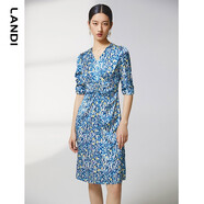 藍(lán)地（LANDI）商場同款夏季新款腰部抽褶碎花印花短袖連衣裙女 淺藍(lán)色 XL