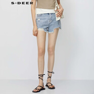 S.DEER圣迪奧女裝夏季時尚個性破洞毛邊插袋A字牛仔短褲S23280902 中藍/64 S 160