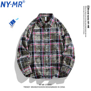 NY-MR美式潮牌格紋扎染長袖襯衫男士春季潮流翻領(lǐng)襯衣外套青少年上衣 DCZ-6577#綠色格紋扎染 XL