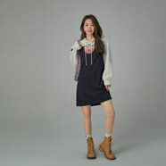 CHUU時(shí)尚撞色拼接鏤空連衣裙女2025秋季新款甜辣連帽個(gè)性休閑短裙 藏青 均碼