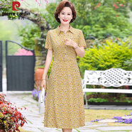 皮爾卡丹（pierre cardin）媽媽裝夏季短袖碎花有領(lǐng)連衣裙中年女裝襯衫領(lǐng)冰絲顯瘦口袋裙子 蛋黃碎花 2XL 建議105-120斤