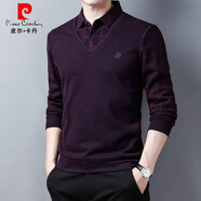 皮爾卡丹（pierre cardin）襯衫領(lǐng)假兩件套男秋季長(zhǎng)袖t恤加絨毛衣假領(lǐng)上衣條紋襯衣針織 T9833紫紅 常規(guī) XL 175體重130斤-145斤