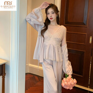 莫代爾法式睡衣春秋款女冰絲性感蕾絲三件套裝外披吊帶長(cháng)褲帶胸墊家居服 香檳粉帶胸墊 S 155