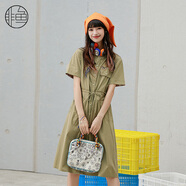 非魚(yú)（nononfish）非魚(yú)夏季新款復古工裝圓領(lǐng)連衣裙純色收腰顯瘦中長(cháng)款過(guò)膝裙子 淺軍綠 M