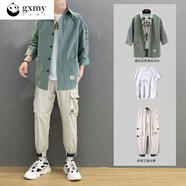 gxmy七分袖t恤男士休閑套裝潮流衣服男裝痞帥氣寬松穿搭配三件套裝男 豆綠+白短T+57工裝褲卡其 XL 【120-140斤】