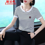 蕾諾希 條紋短袖T恤女棉22年夏裝新款百搭中年t恤衫顯瘦韓范上衣女8361 白色條紋 XL