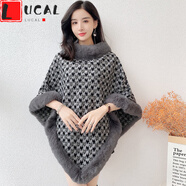 LUCALY斗篷披肩女秋冬款加絨斗篷披肩女短款秋冬季仿皮草時(shí)尚豹紋版加厚保暖披風(fēng)大衣 灰色千鳥(niǎo)格 均碼