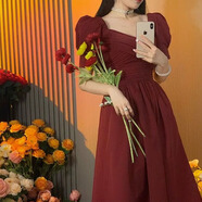 白展唐女式連衣裙 高檔高端大氣春秋款2024復古感收腰顯瘦方領(lǐng)女夏新款 漿果紅 XL