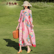 子牧棉麻夏裝 女文藝民族風(fēng)寬松顯瘦圓領(lǐng)減齡連衣裙8179 8173粉色 XL(建議120-130斤)