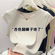 慕伊銘（MUYIMING）夏季新款圓領(lǐng)飛飛袖藍色短袖T恤女設計感小眾修身無(wú)袖短款上衣潮 杏色【%95純棉】 L 105-115斤