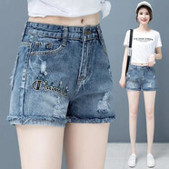 婷婉美松緊腰牛仔短褲女夏季薄款高腰寬松直筒顯瘦五分褲韓版闊腿褲 03款藍色 31建議130-140斤
