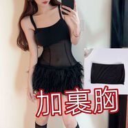 奈久留美吊帶連衣裙女名媛新款網(wǎng)紗透視毛毛拼接下擺抹胸露背修身包臀裙 黑透視+裹胸 S