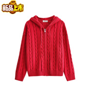 初徑秋冬新款100純棉開(kāi)衫外套女針織衫連帽寬松長(cháng)袖加厚重工麻花毛衣 紅色【重工連帽毛衣】 加厚 L【120-160斤左右穿】
