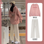 億梵莎休閑套裝衛(wèi)衣女學生裝2022新款春秋季韓版寬松連帽時尚百搭衣服兩件套潮 粉色衛(wèi)衣+米白色褲子 均碼（可找客服備注碼數(shù)）