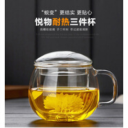 半物生活玻璃水杯辦公室茶杯家用花茶杯帶過濾網(wǎng)泡茶杯耐熱茶水分離三件杯 300ml園趣花茶杯