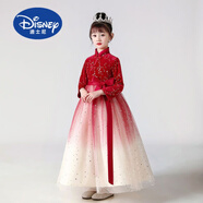 迪士尼（Disney）兒童禮服公主裙蓬蓬裙大女童表演晚禮服小女孩鋼琴演演出服主持人 酒紅色長(cháng)袖【贈送皇冠】 160