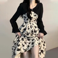 旻勝法式吊帶連衣裙兩件套裝質(zhì)感高級感桔梗長(cháng)裙碎花裙女 白色【S】