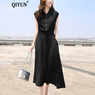 QIYUN 銅氨絲襯衫領(lǐng)無袖連衣裙夏季新款顯瘦氣質(zhì)純色系帶過膝中長(zhǎng)裙女 黑色 M