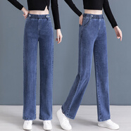 追屬（ZHUISHU）牛仔褲彈力女褲2025年秋冬新款高腰寬松直筒長(cháng)褲加絨顯瘦闊腿褲子 藍色【春秋款】 L 28【100-110斤】
