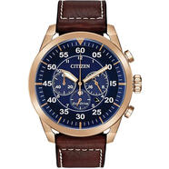 西鐵城（CITIZEN）男表復古藍盤(pán)玫瑰金表殼多功能機械腕表 CA421318L