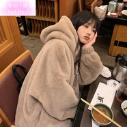 儷韻小屋秋冬季加絨加厚連帽羊羔毛外套女棉襖寬松毛絨棉衣毛茸茸保暖棉服 棕色 加絨 2XL 適合136-160斤
